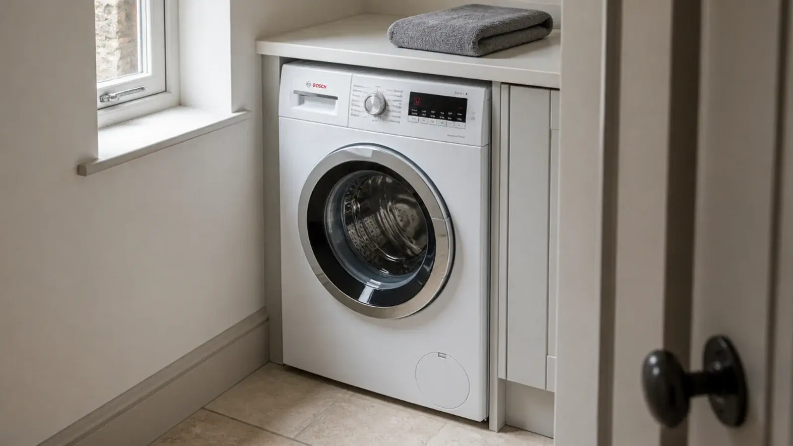 slim european washing machine fitted neatly under a compact worktop