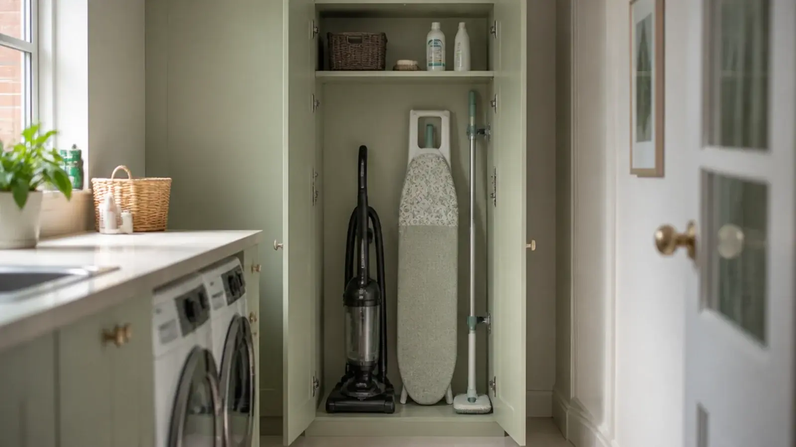 single tall utility cupboard open showing vacuum mop and ironing board