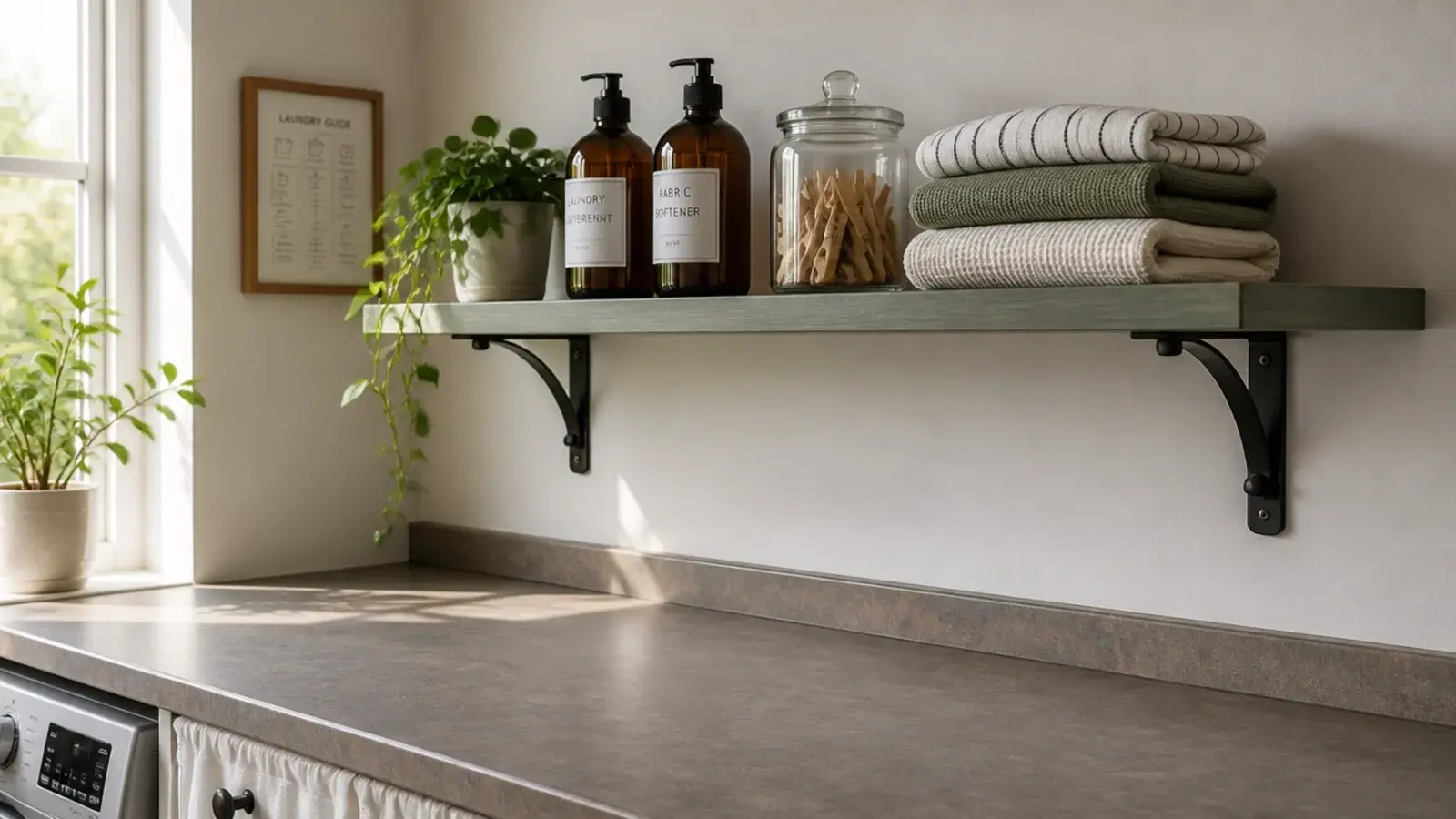 shallow painted shelf holding detergent bottles above a clear worktop