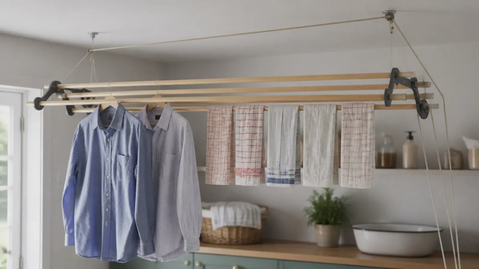 four lath pulley airer hanging above a compact utility worktop