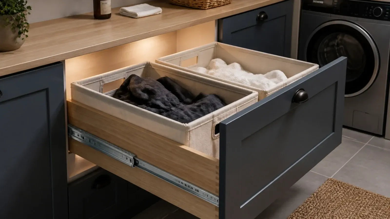 under counter drawer pulled out holding two canvas laundry bins