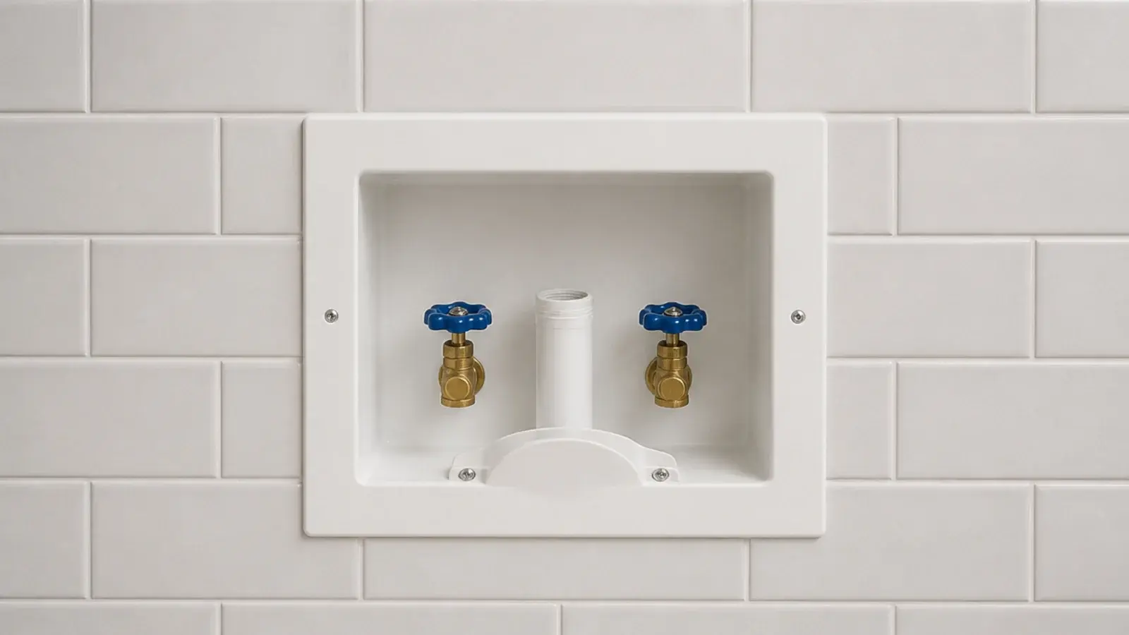 recessed laundry outlet box set flush into a plastered utility wall