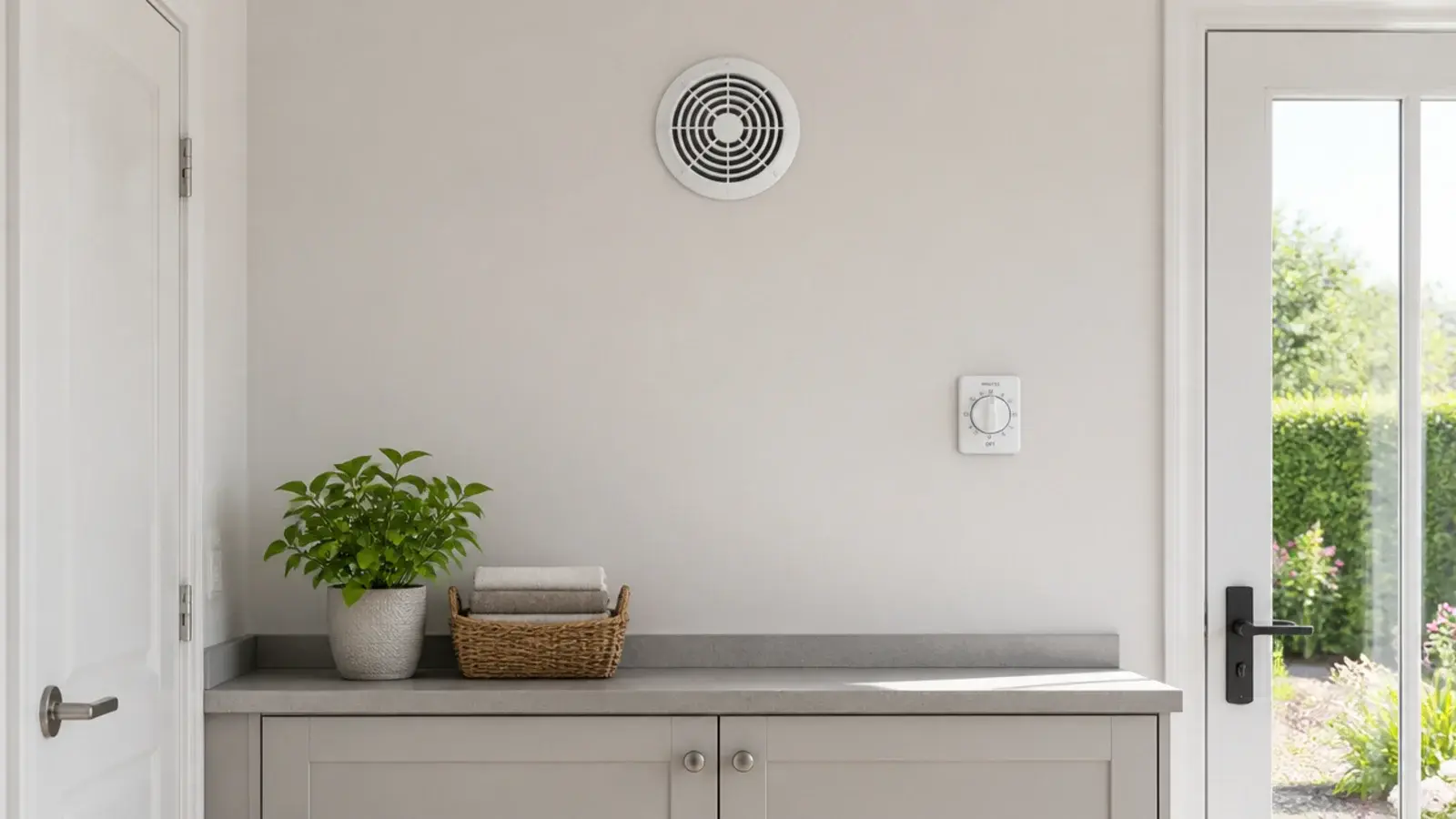round extractor grille mounted high on a soft white utility wall