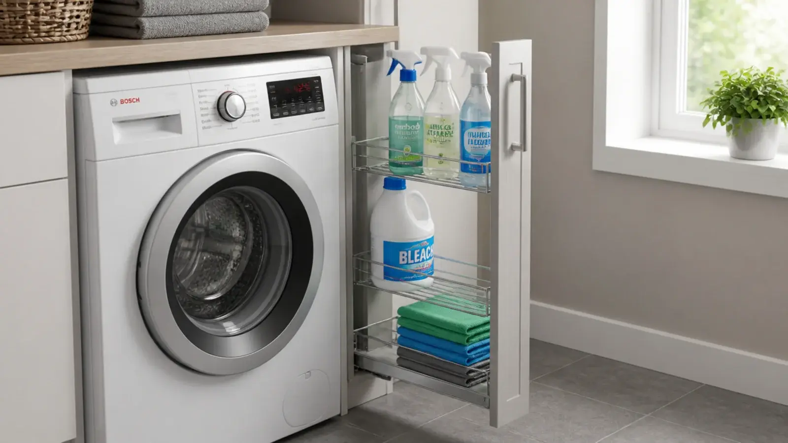 narrow pull out larder holding cleaning sprays upright beside a machine