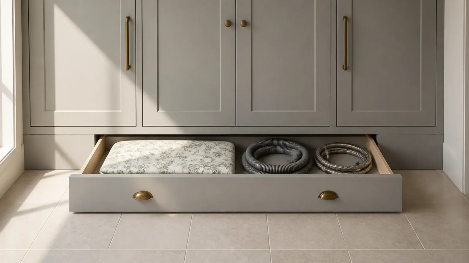shallow plinth drawer open at floor level below utility cabinets