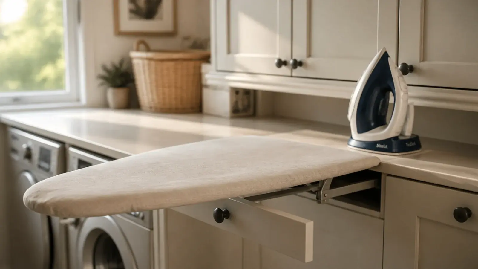 built in ironing board swinging out of a shallow utility drawer