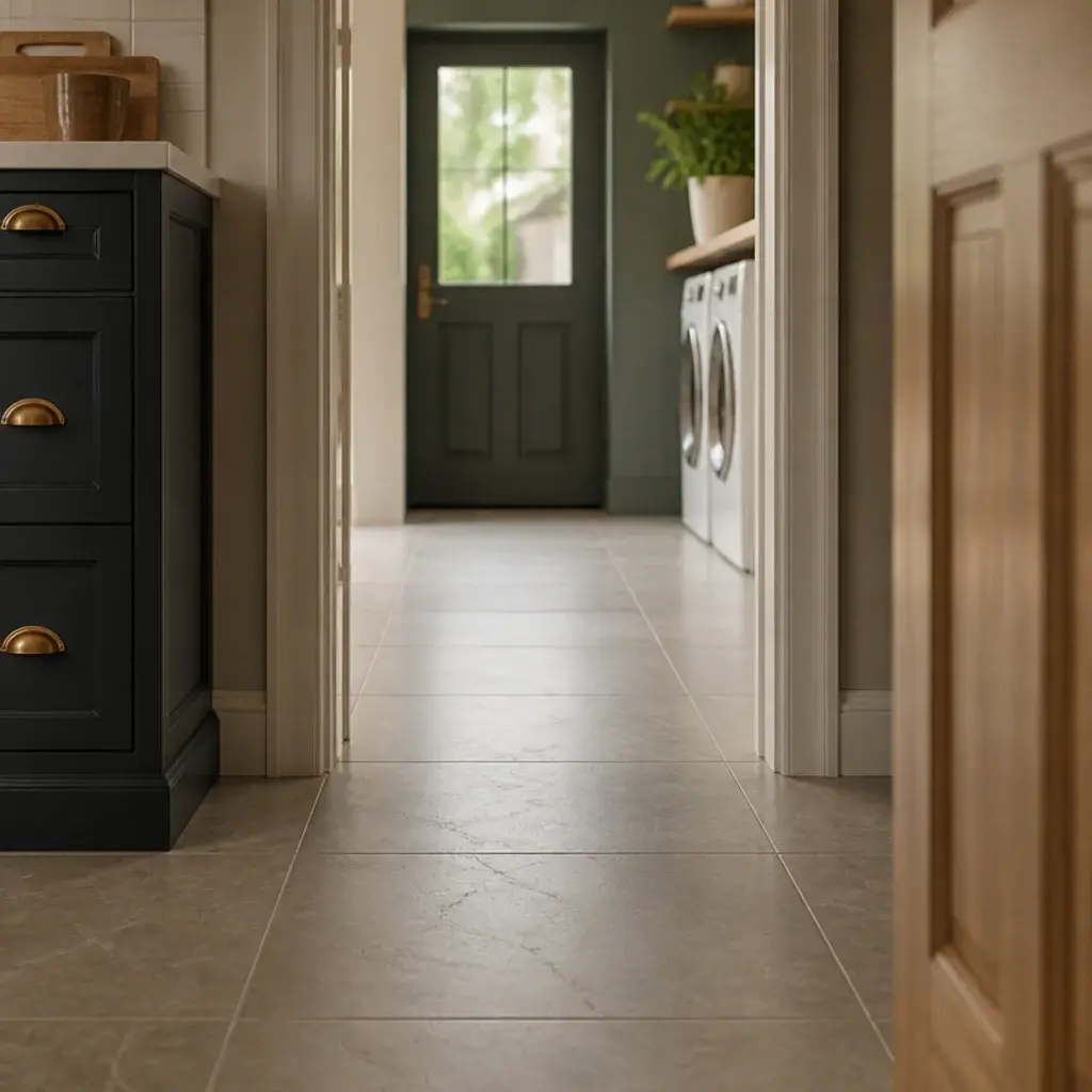 identical floor tile continuing from a kitchen into a small utility