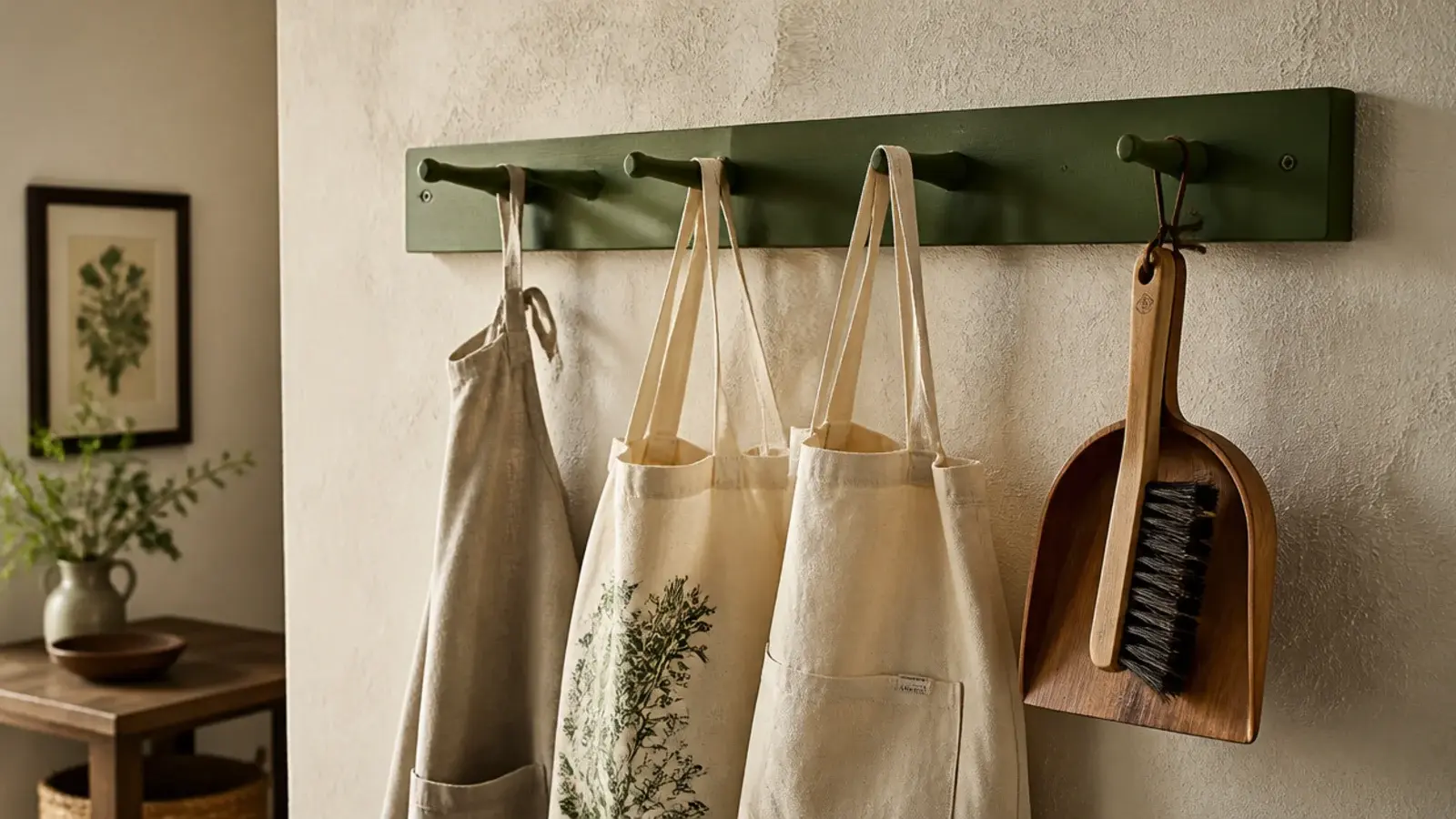 painted shaker peg rail holding an apron totes and dustpan
