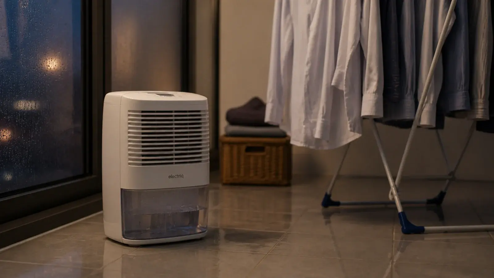 compact dehumidifier running beside a rack of drying shirts