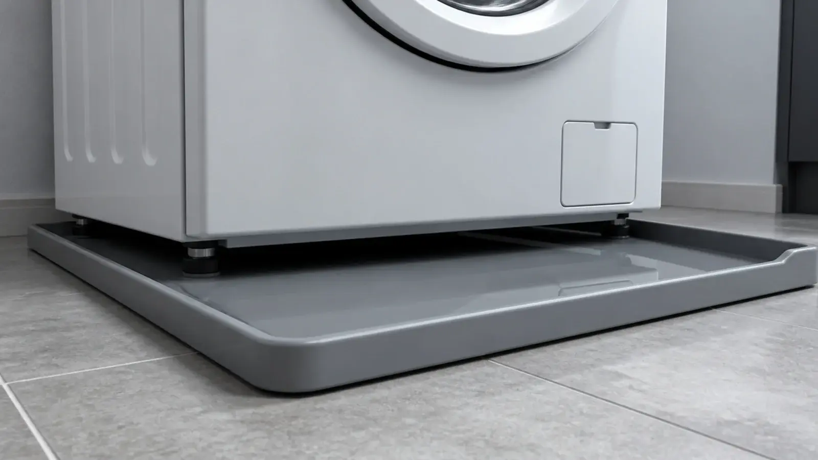 shallow polymer leak tray with a raised lip beneath a washer