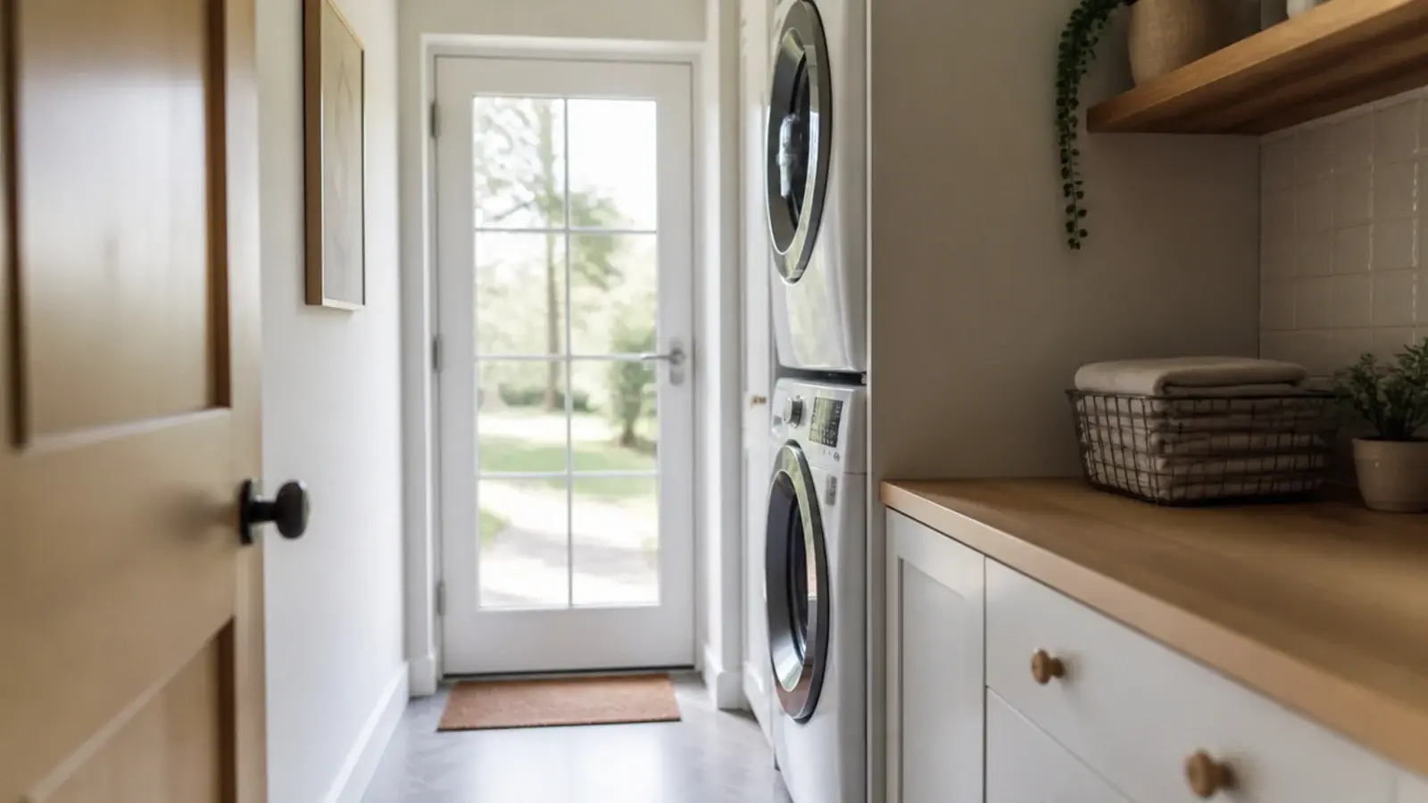 bright small utility room with stacked machines and a pale oak worktop