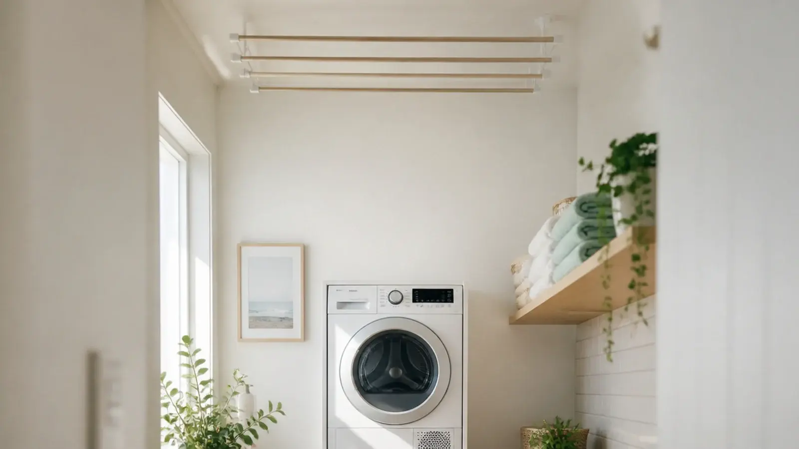 tall view of a small utility room with stacked laundry and worktop