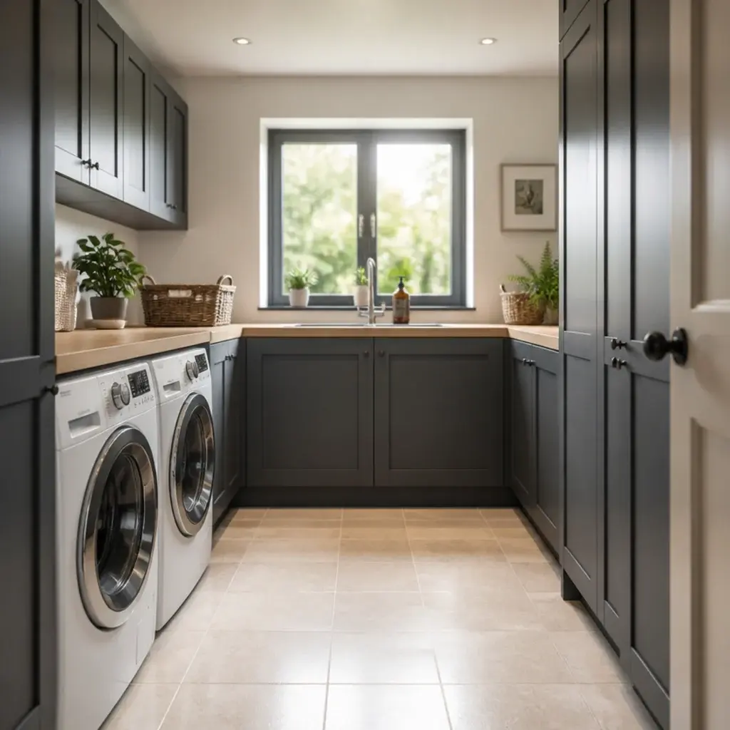 U shaped utility layout wrapping three walls around a central floor space