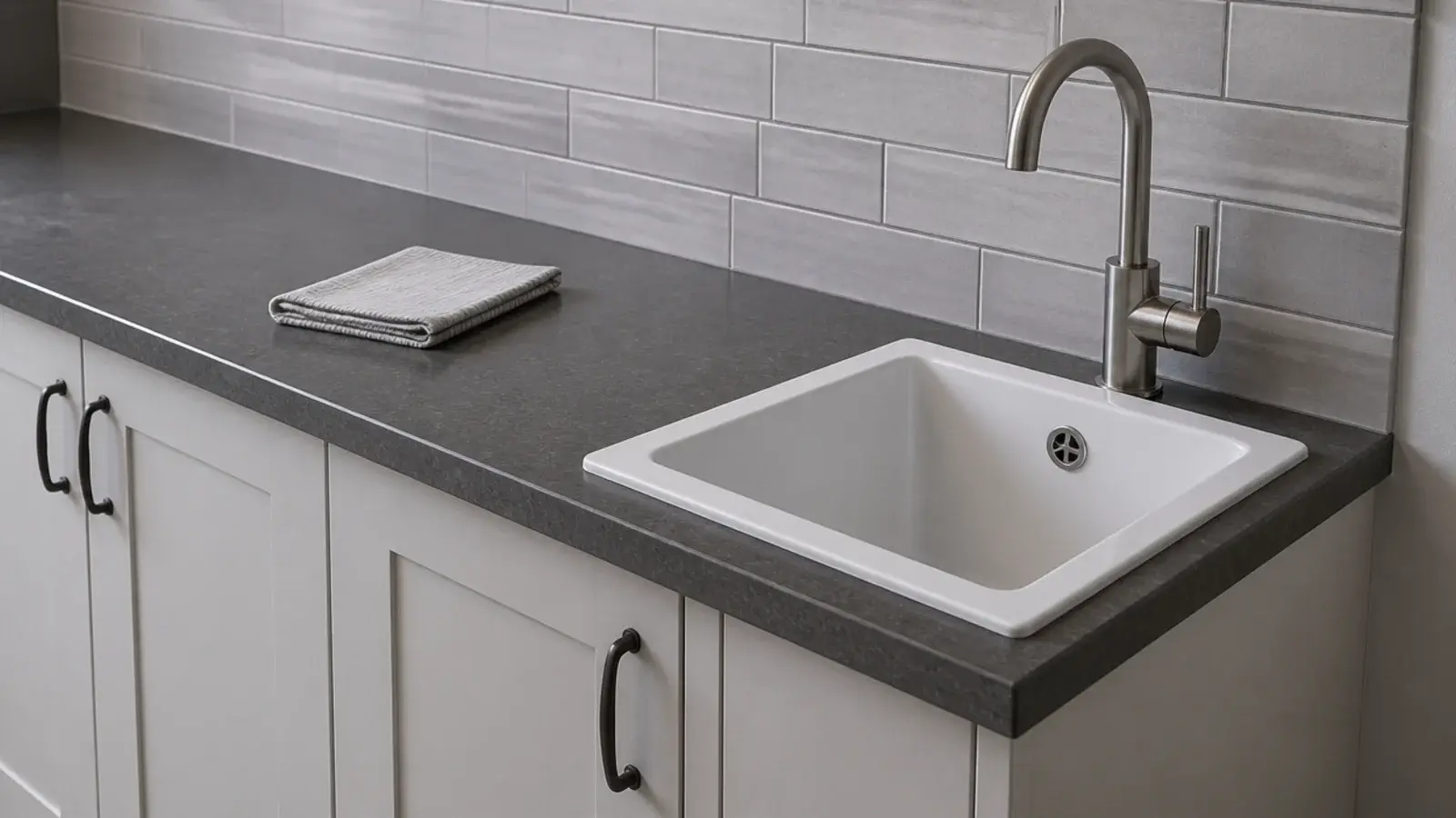 deep utility sink placed at the end of a worktop with clear drainer space