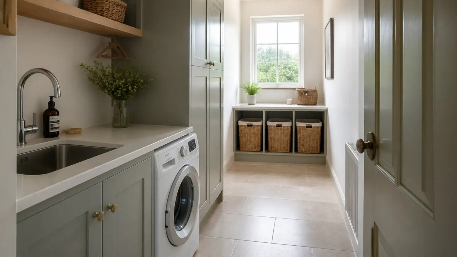 utility divided with sink and machines at one end and folding at the other