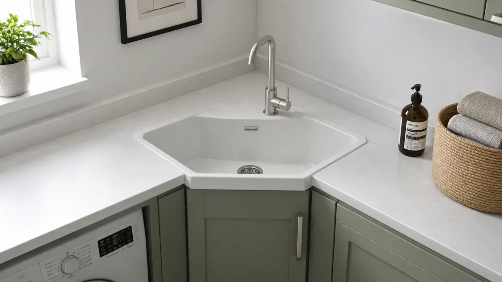 angled corner sink unit fitted into an otherwise unusable utility corner