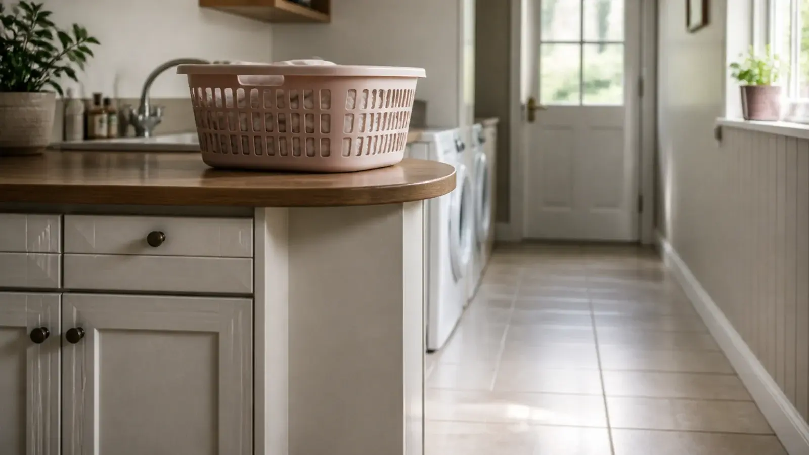 short worktop peninsula projecting into a small utility beside an aisle