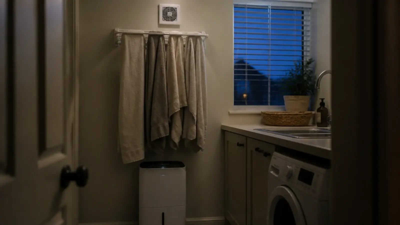 drying rack positioned directly beneath a ceiling extract in a utility