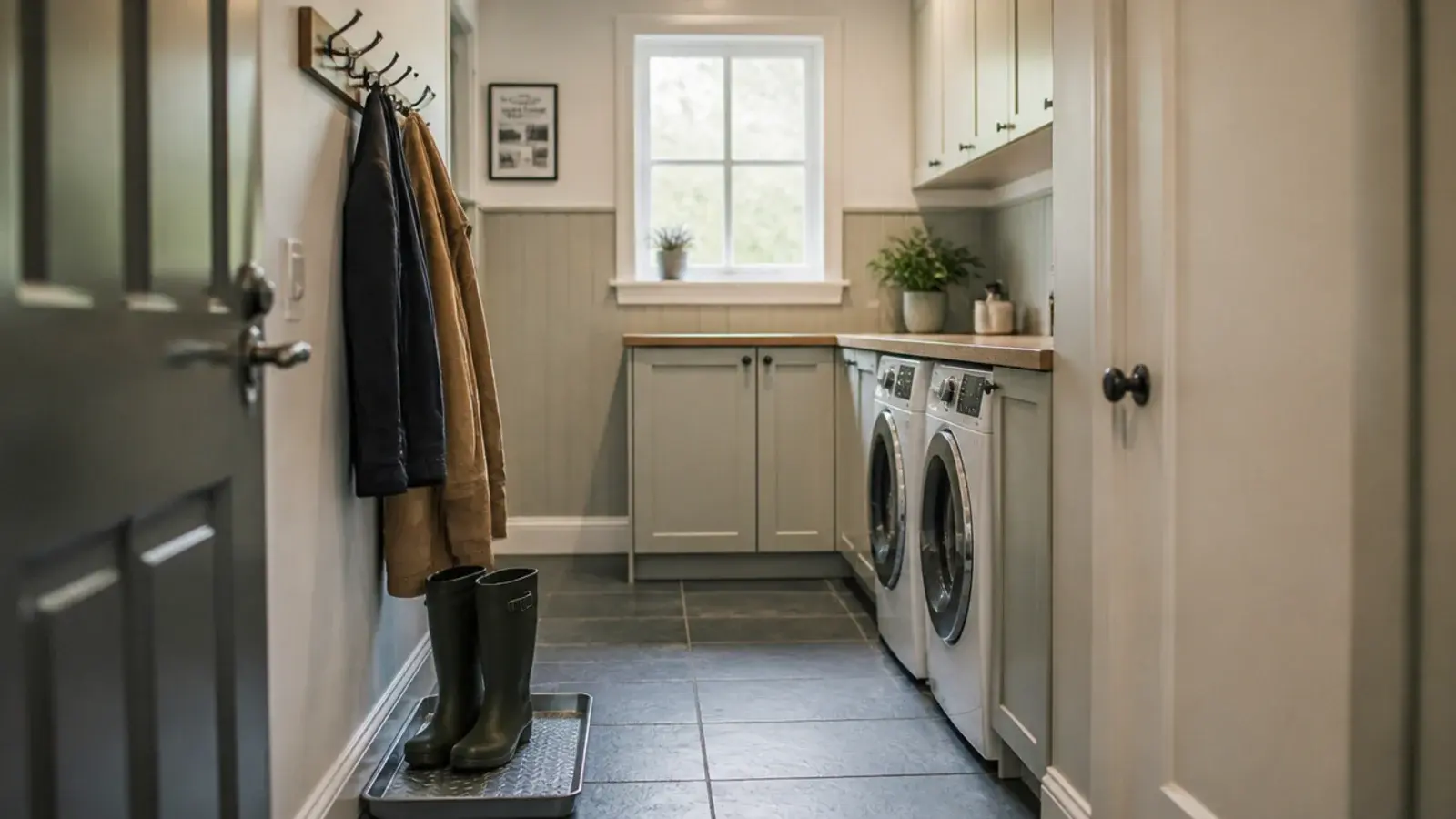 boot tray and hooks beside the door with laundry machines further inside