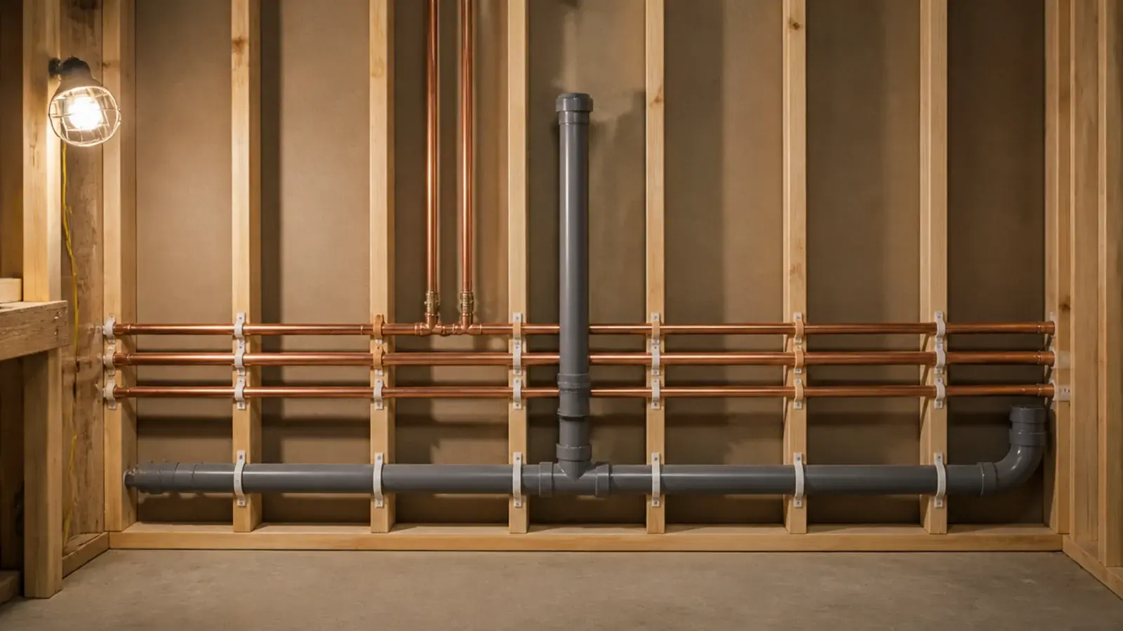 waste and supply pipework grouped on a single utility wall behind cabinets