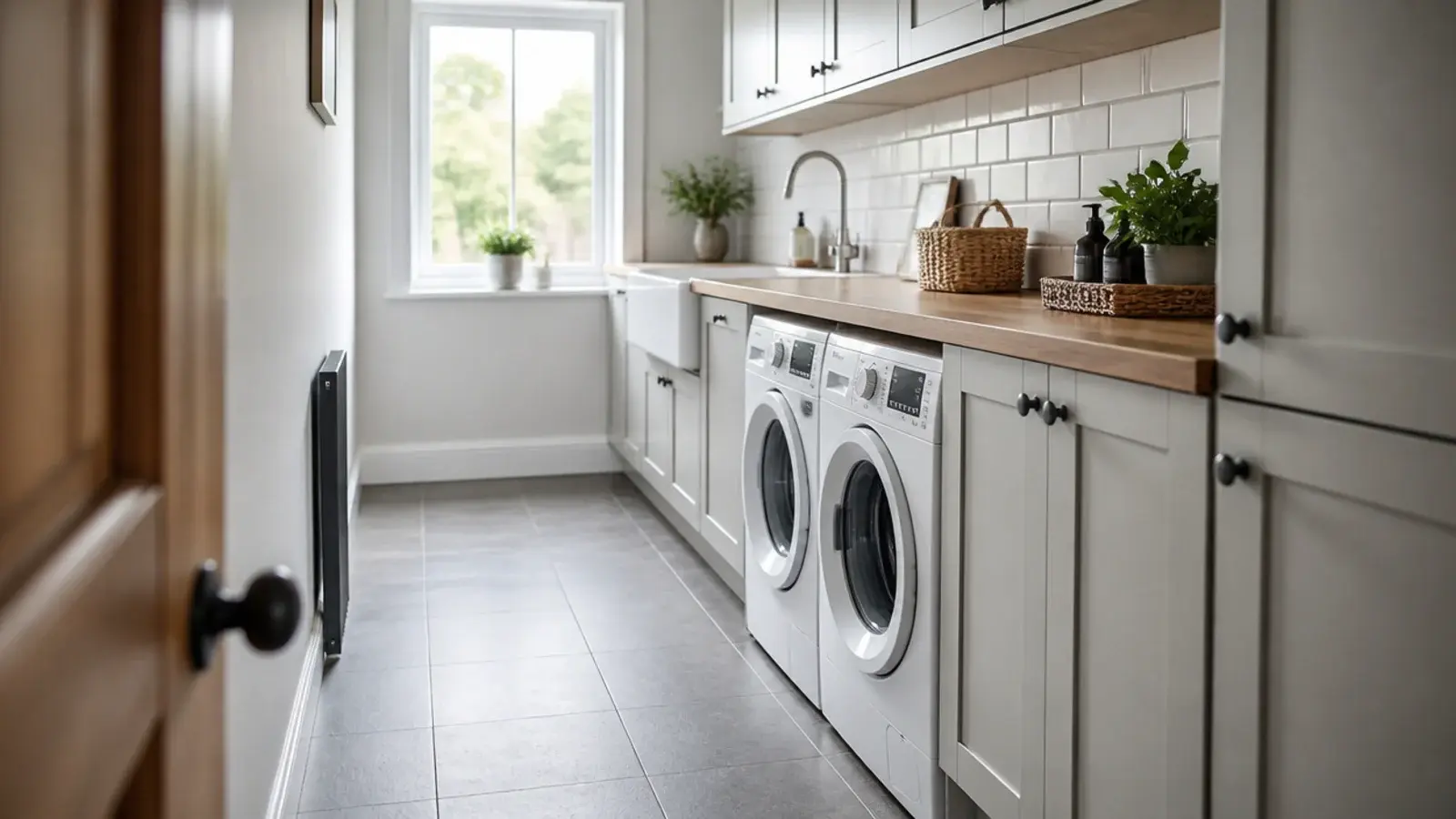 small utility room layout with a single run of cabinets and clear walkway