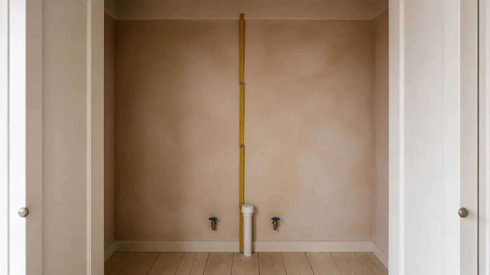 folding rule measuring the ceiling height inside an empty laundry closet