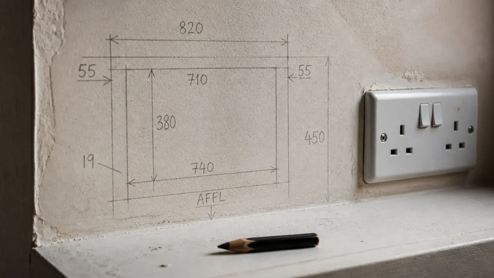 pencil marks and dimensions written directly on a bare closet wall