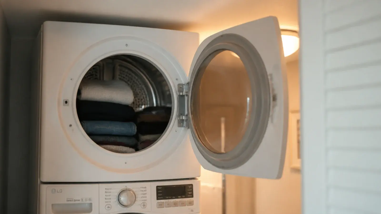 upper dryer door swung fully open just below a low closet ceiling