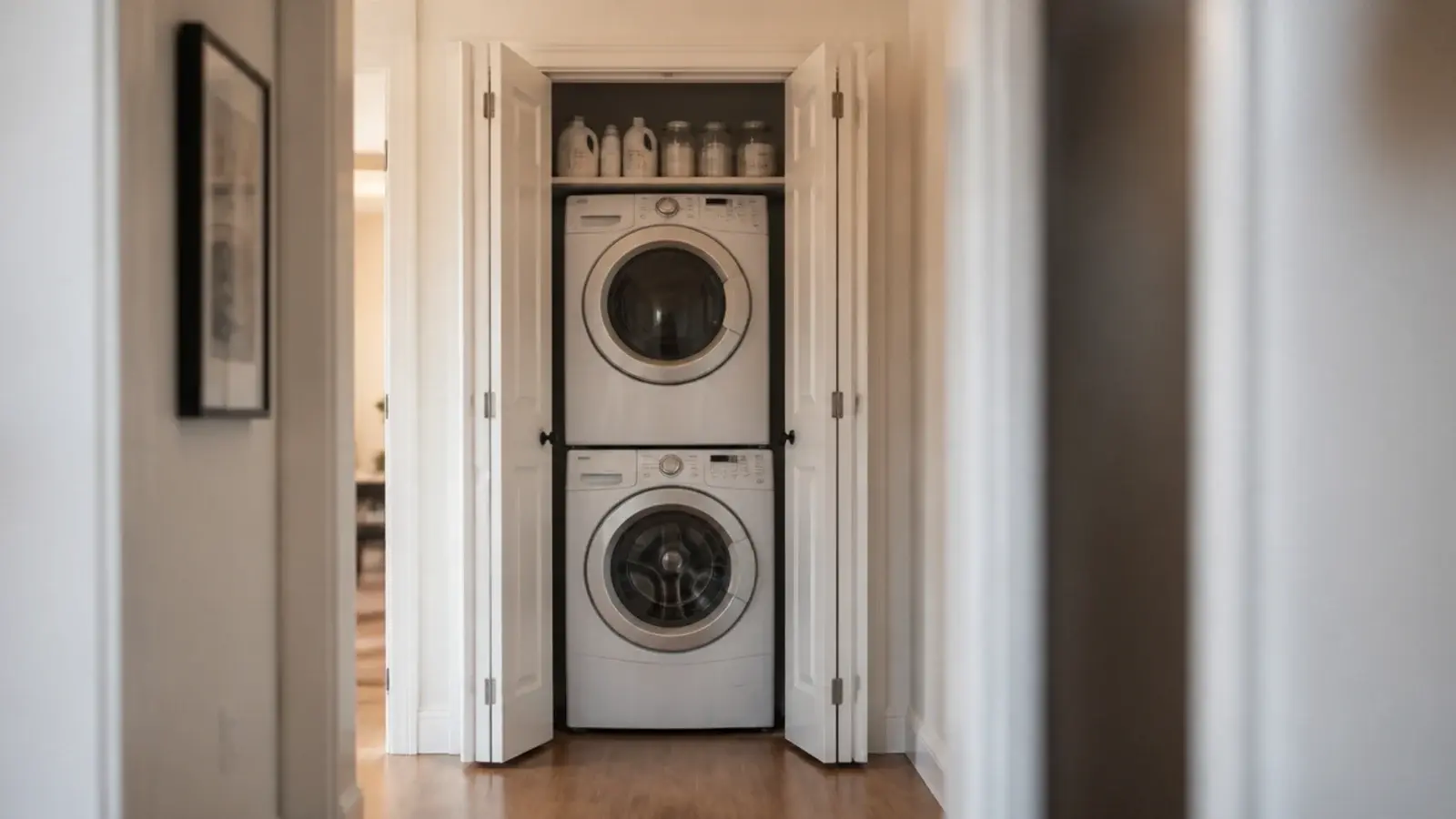 bifold laundry doors folded back against the frame revealing appliances