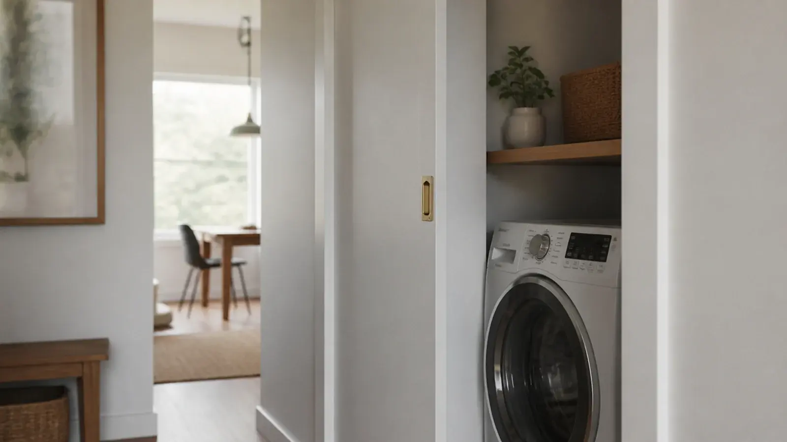 pocket door slid back into the wall beside a compact laundry recess