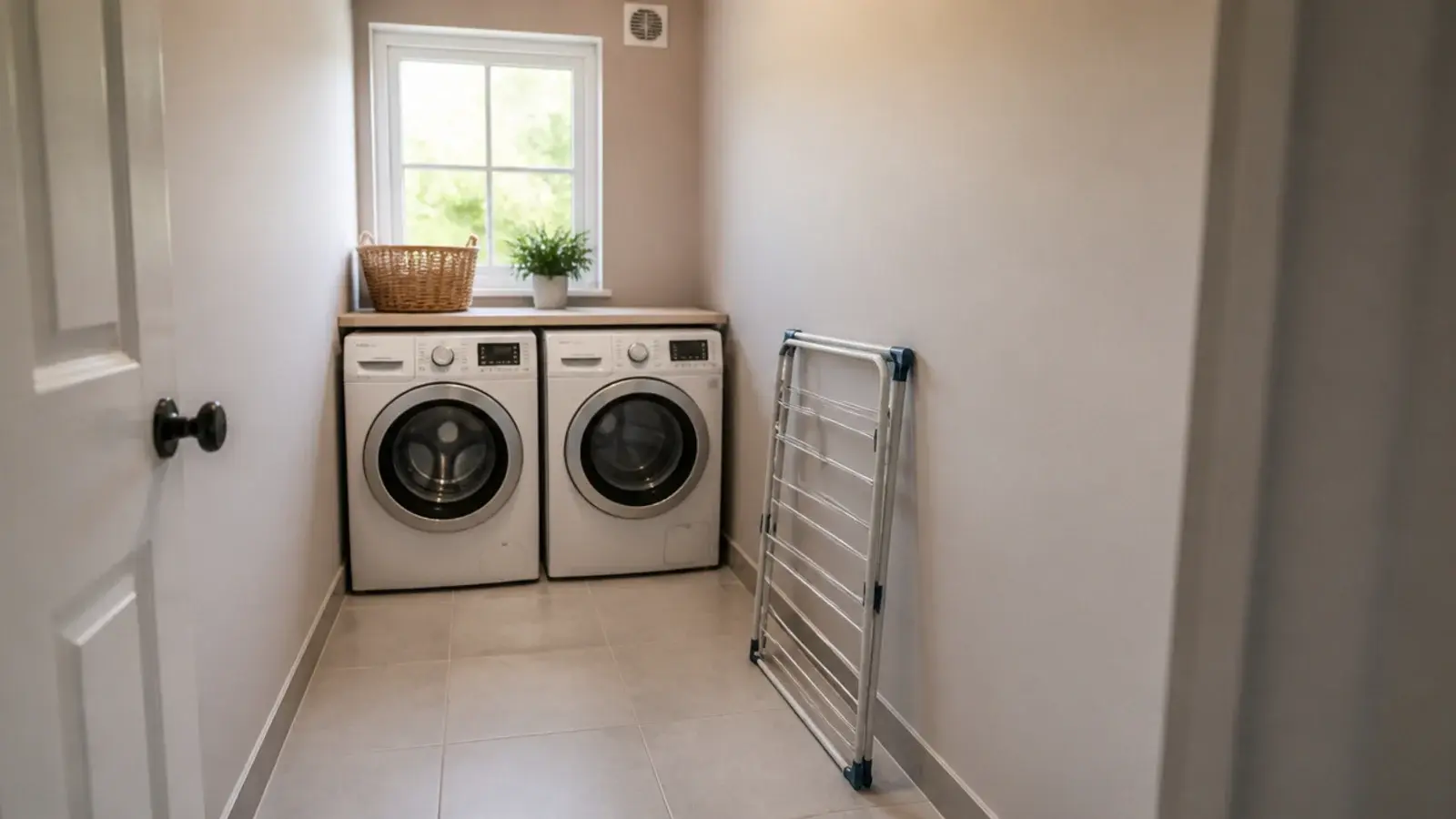 washer and dryer set against the shorter wall of a small awkward room