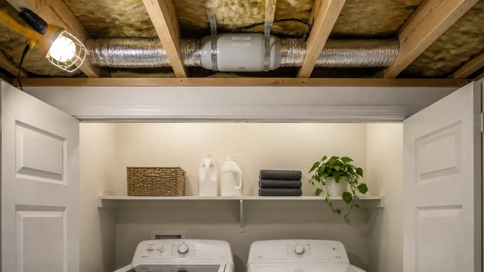 slim inline extractor duct running above a laundry closet ceiling void