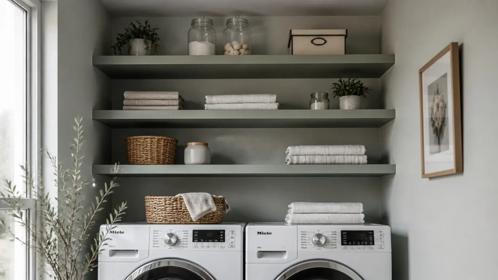 stacked shelves rising to the ceiling above a laundry machine pair