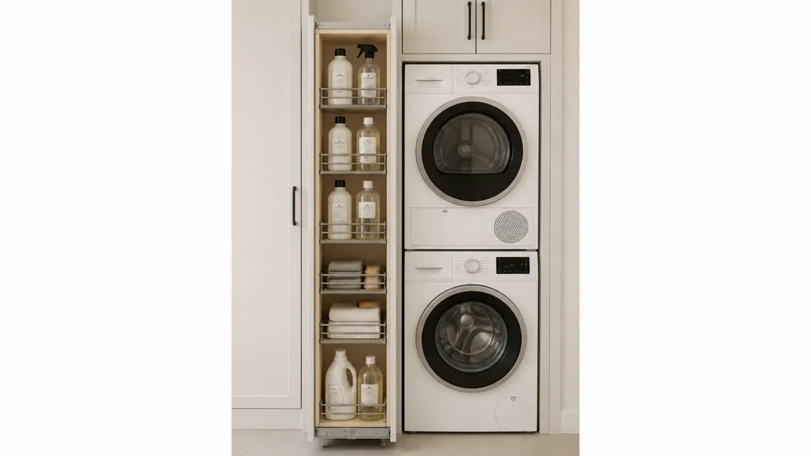 very narrow pull out unit drawn out beside a laundry appliance stack