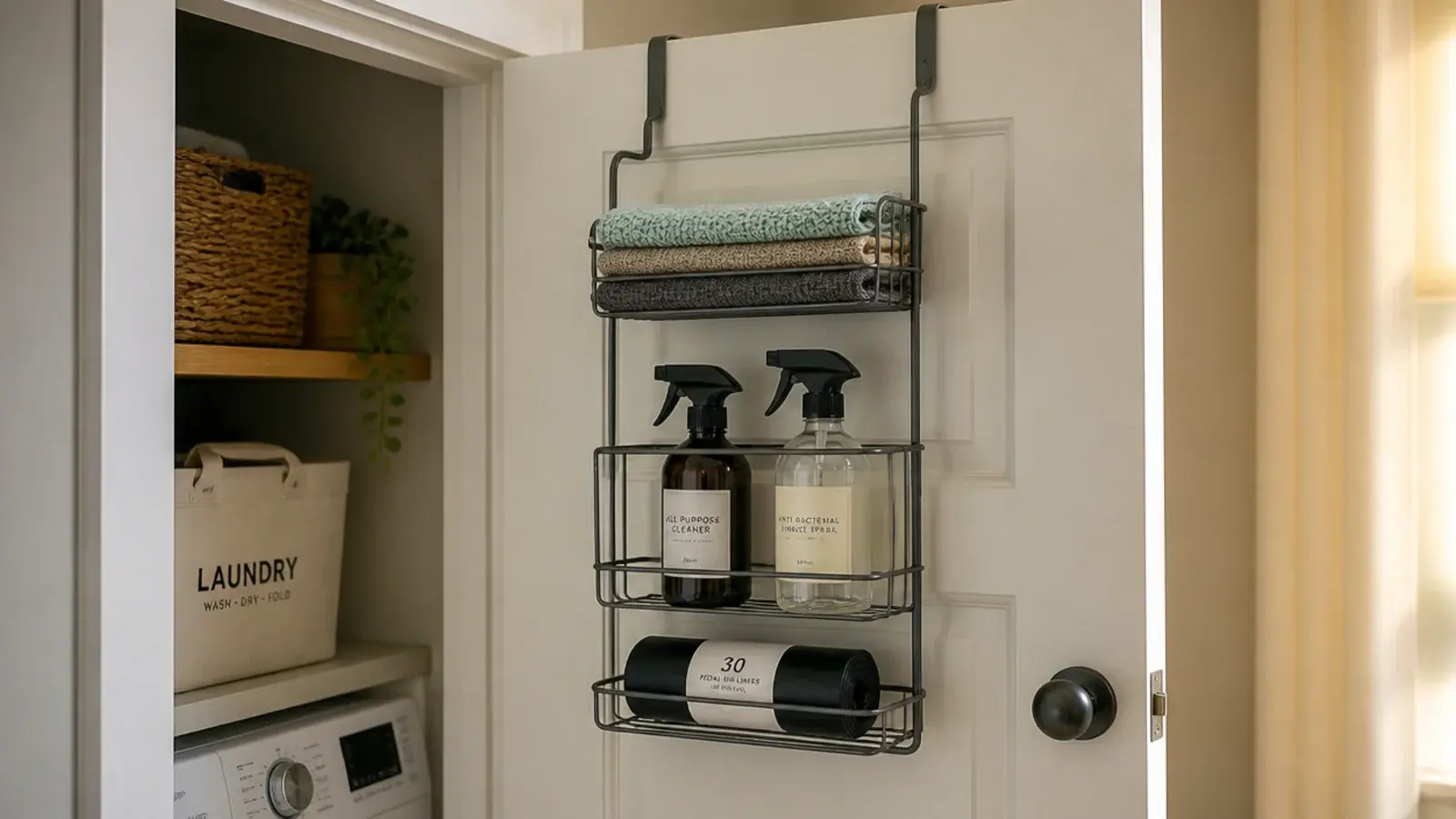 over door rack holding cloths and sprays on a laundry cupboard door