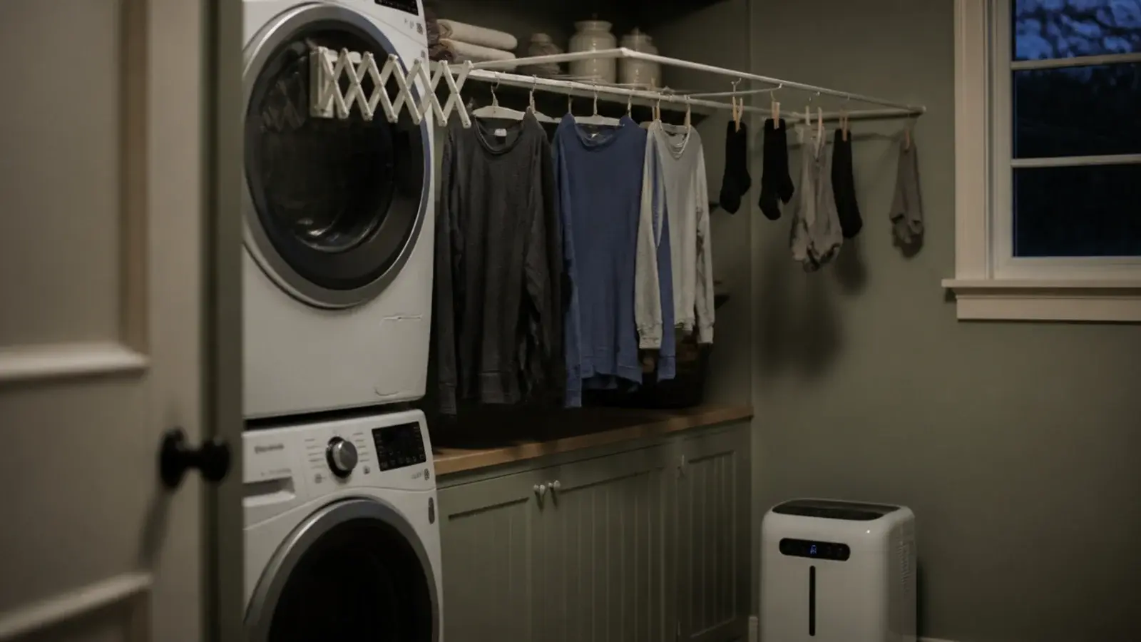 wall mounted drying rack extended above a stacked washer and dryer