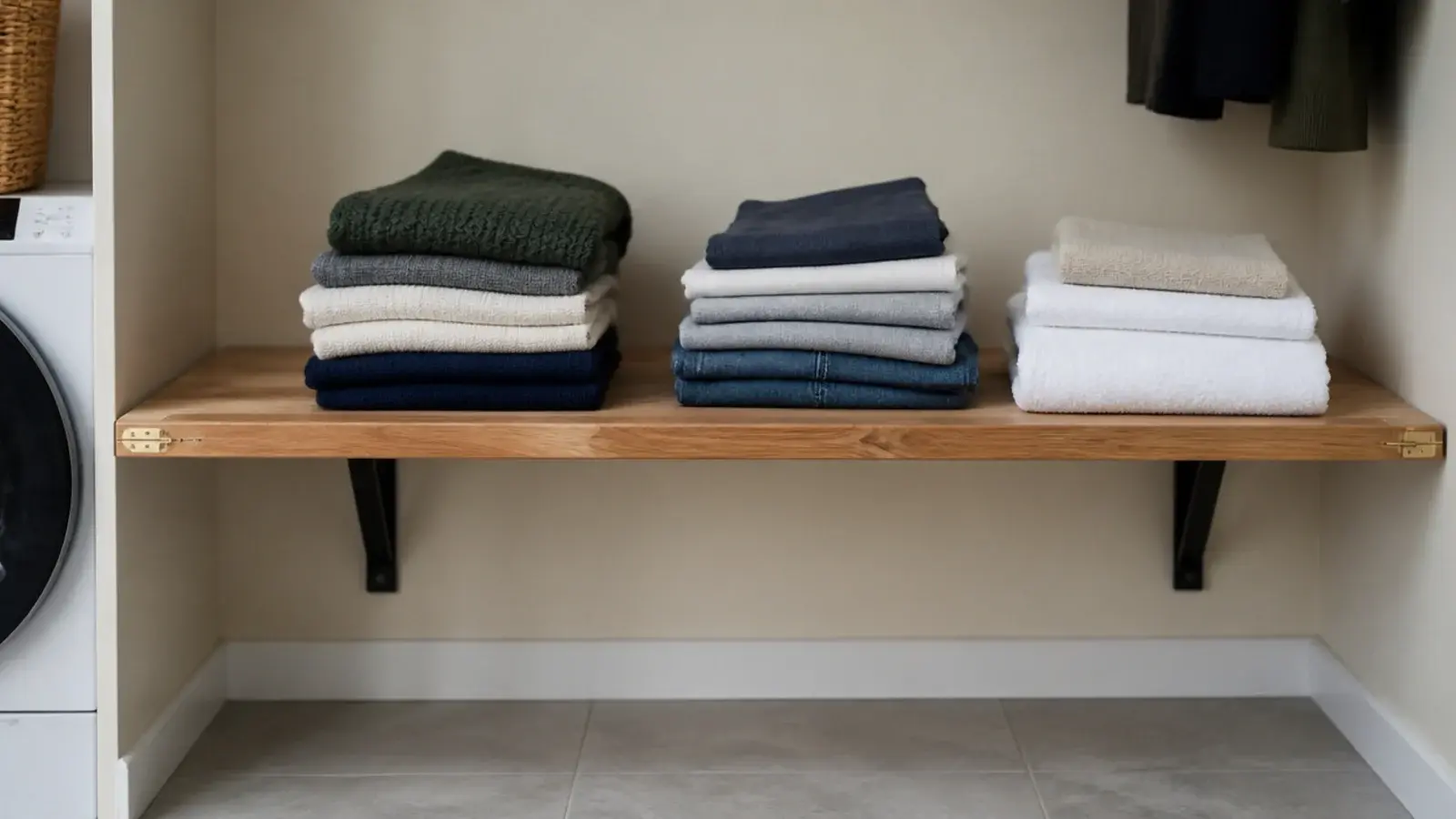 hinged fold down worktop dropped level in front of a laundry recess