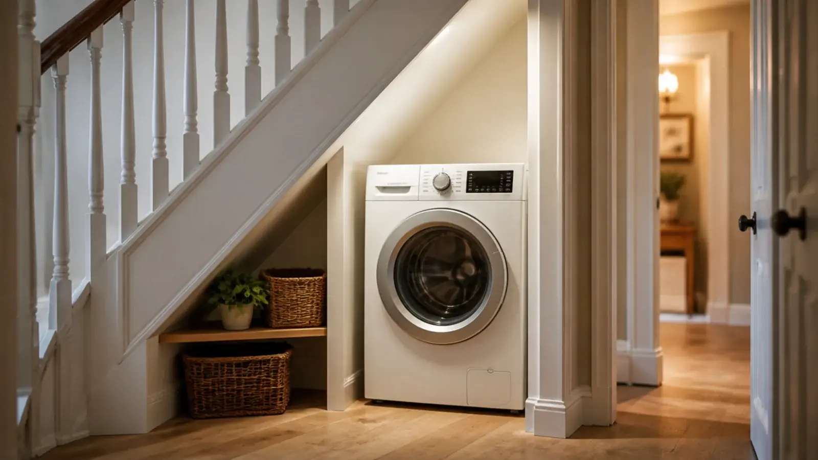 washing machine set at the tall end of a sloping understair recess