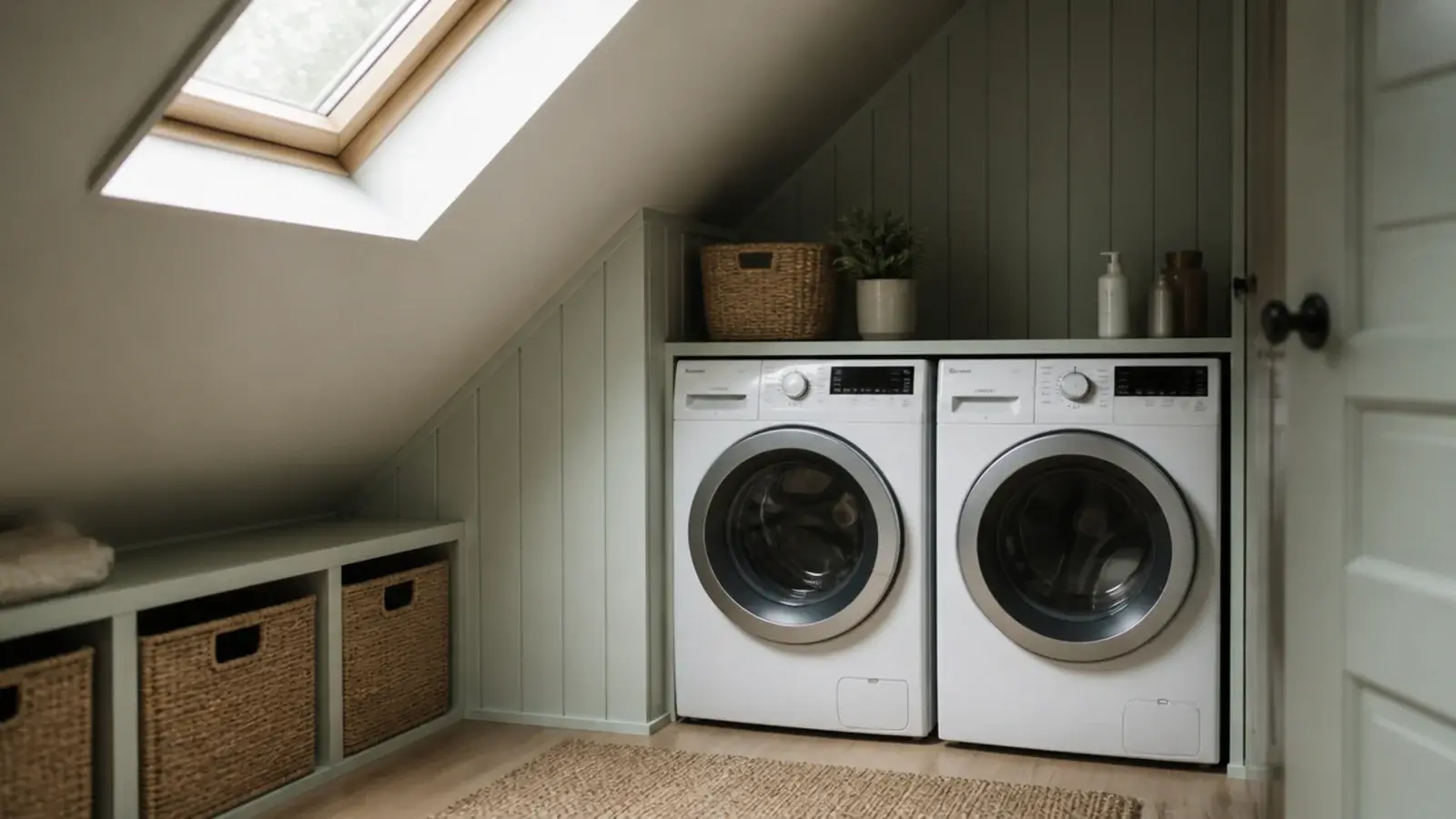 laundry machines arranged along the tall side of a sloped attic corner