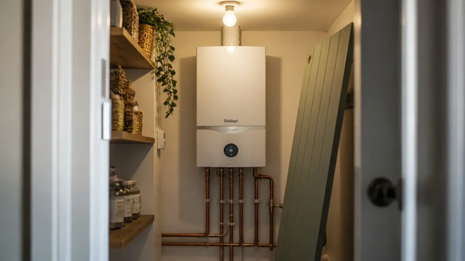 wall boiler left clear inside a compact utility cupboard with open access