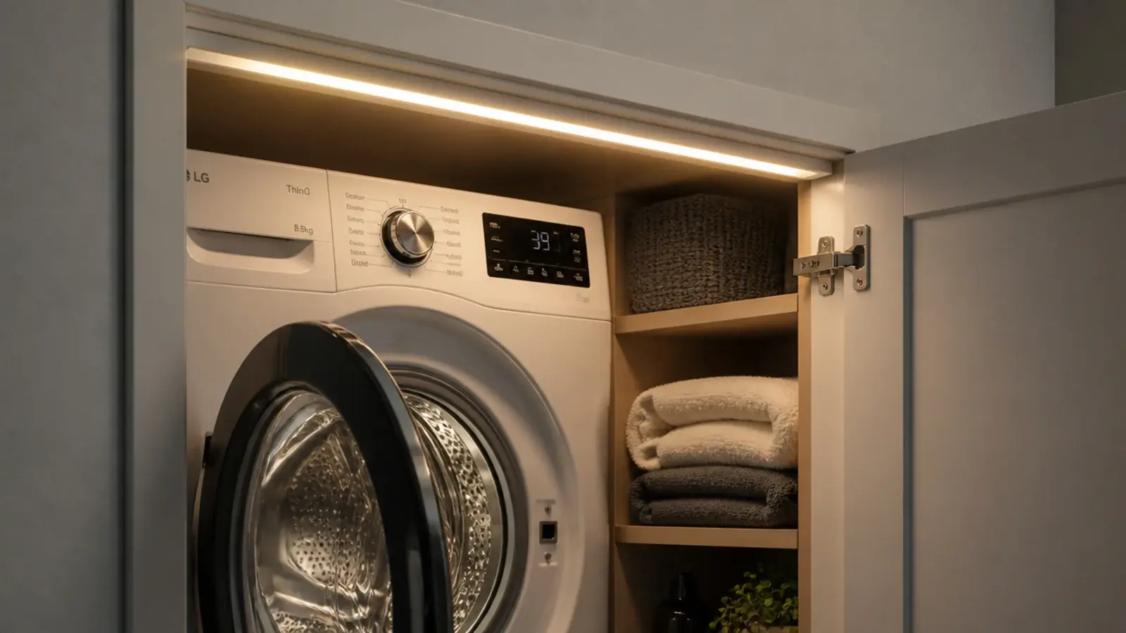 slim front mounted strip light throwing even light into a laundry recess