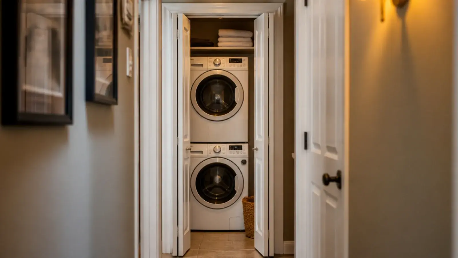 tiny utility room in a hallway closet with a stacked washer and dryer pair