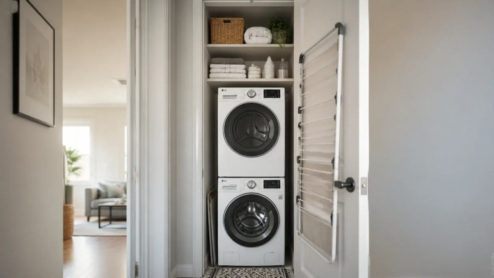 tall view of a tiny utility room closet with stacked machines and shelving