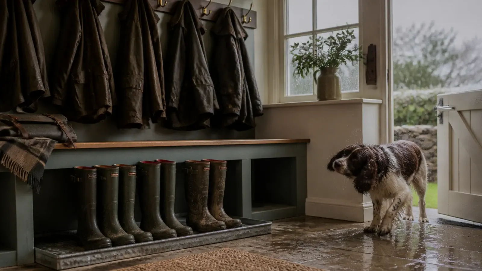 boot room and utility bench with muddy wellingtons trays and hanging coats