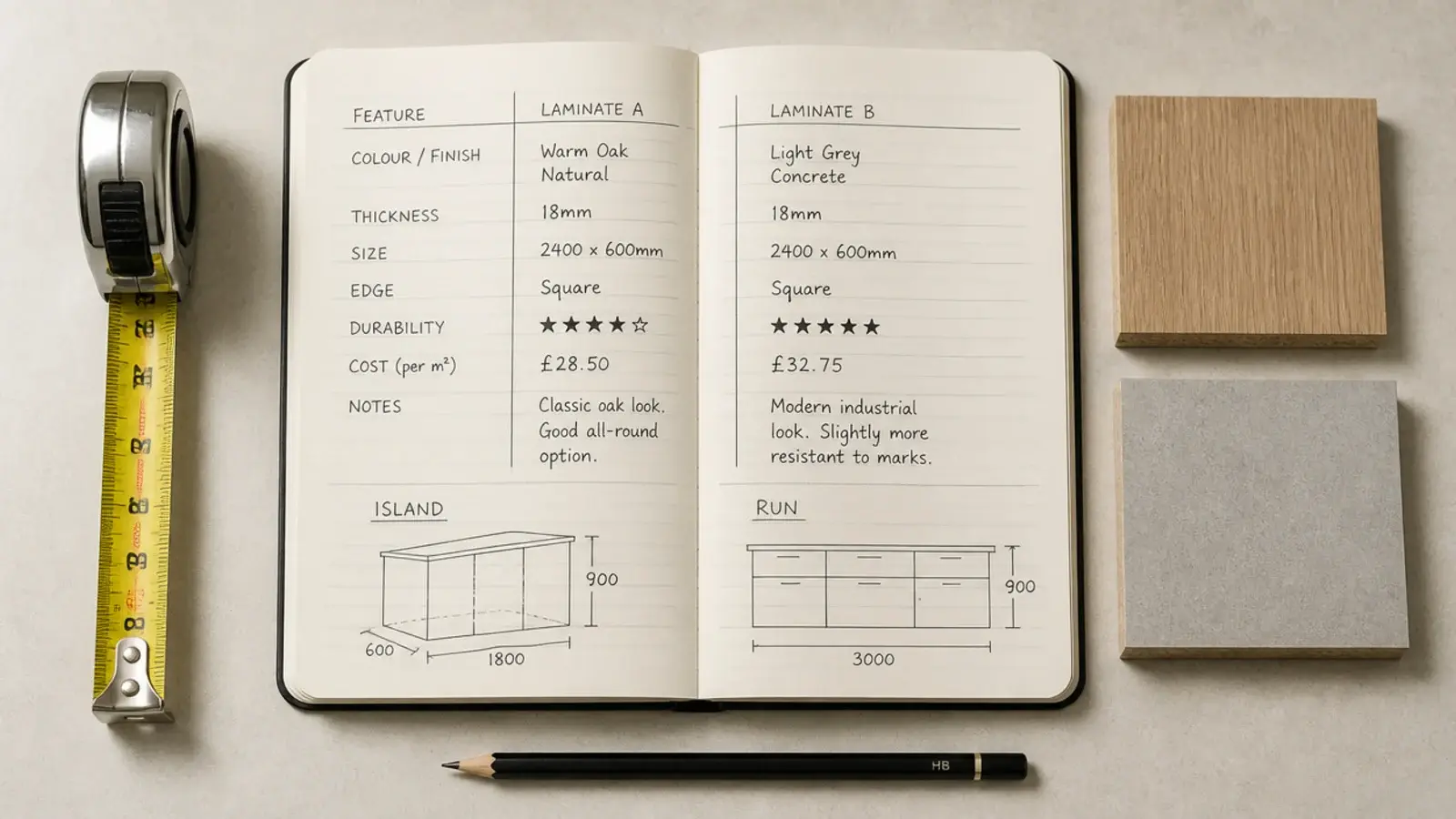 notebook of laundry setup comparisons beside a tape measure and swatches