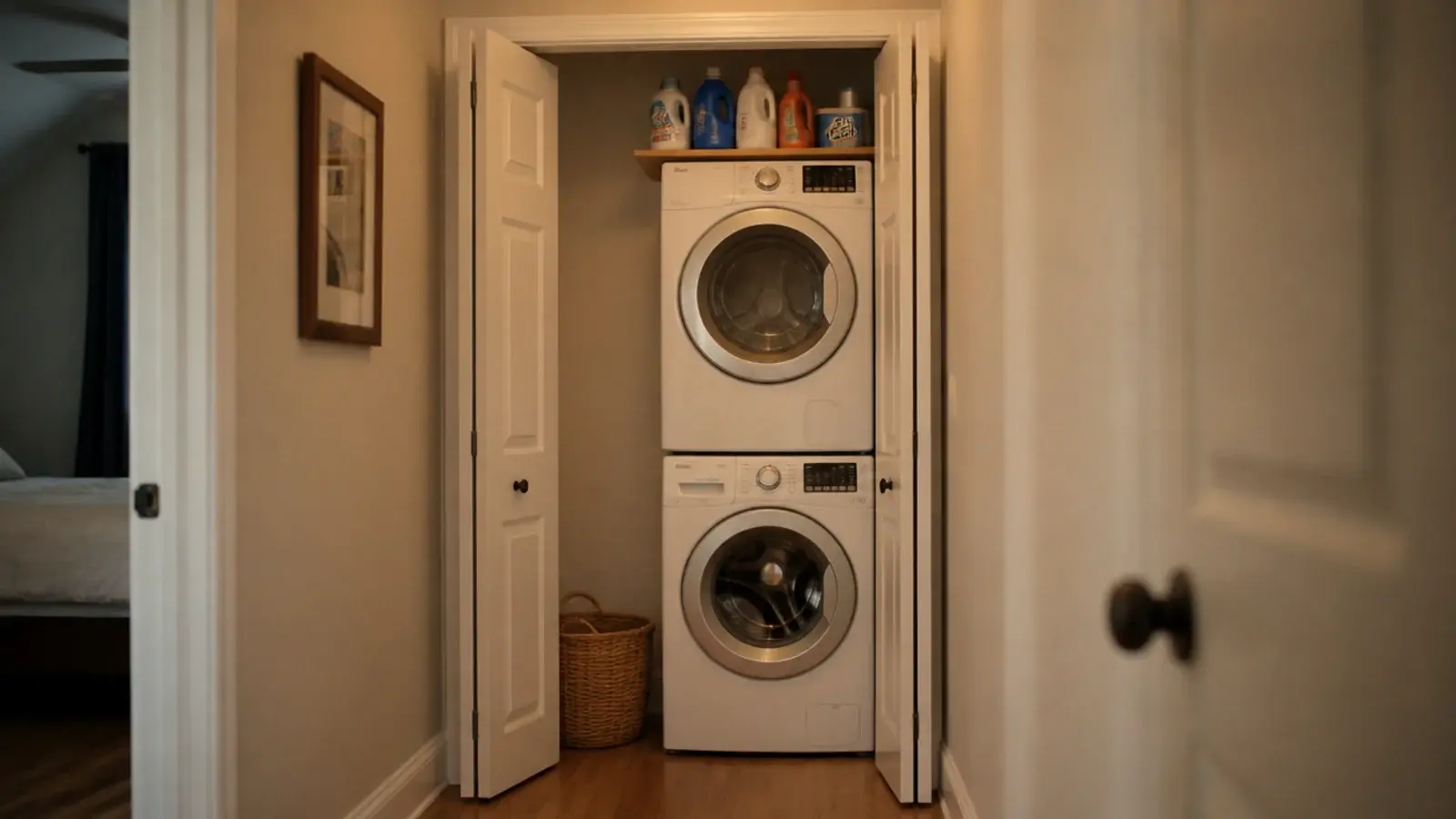 stacked washer and dryer filling a shallow hallway closet behind bifold doors