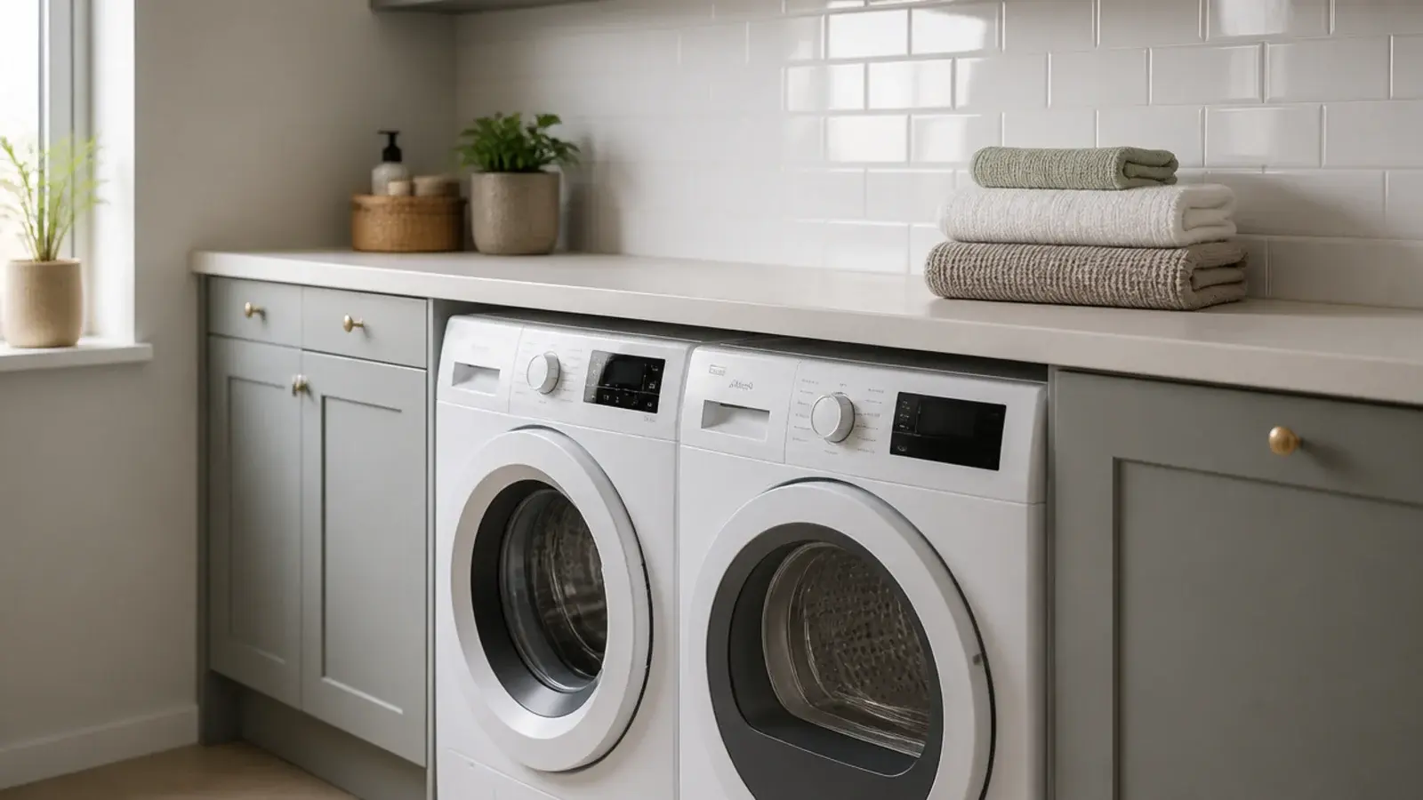 washer and dryer side by side beneath an unbroken laminate worktop