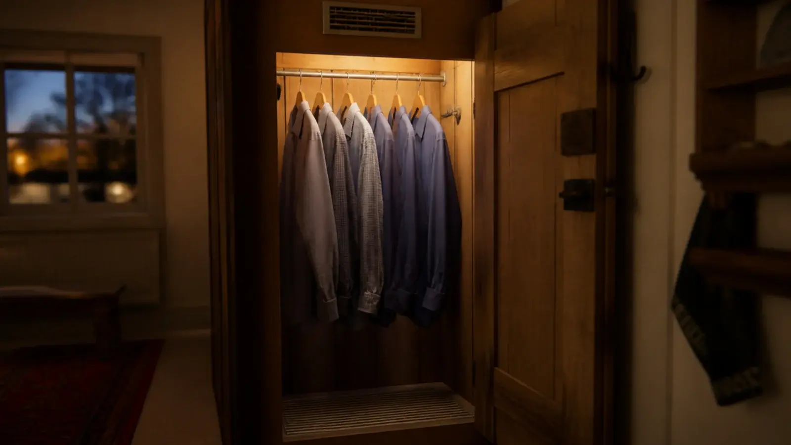 tall drying cupboard with a low grille high extract and hanging damp shirts