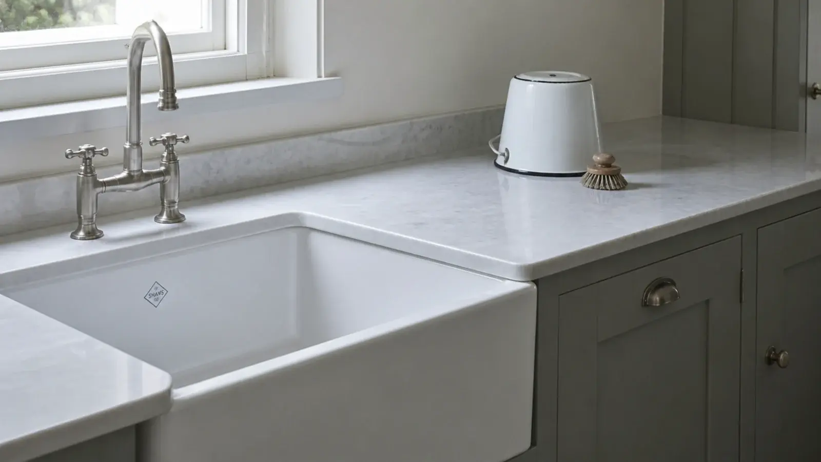 deep utility sink with two feet of clear worktop for draining beside it