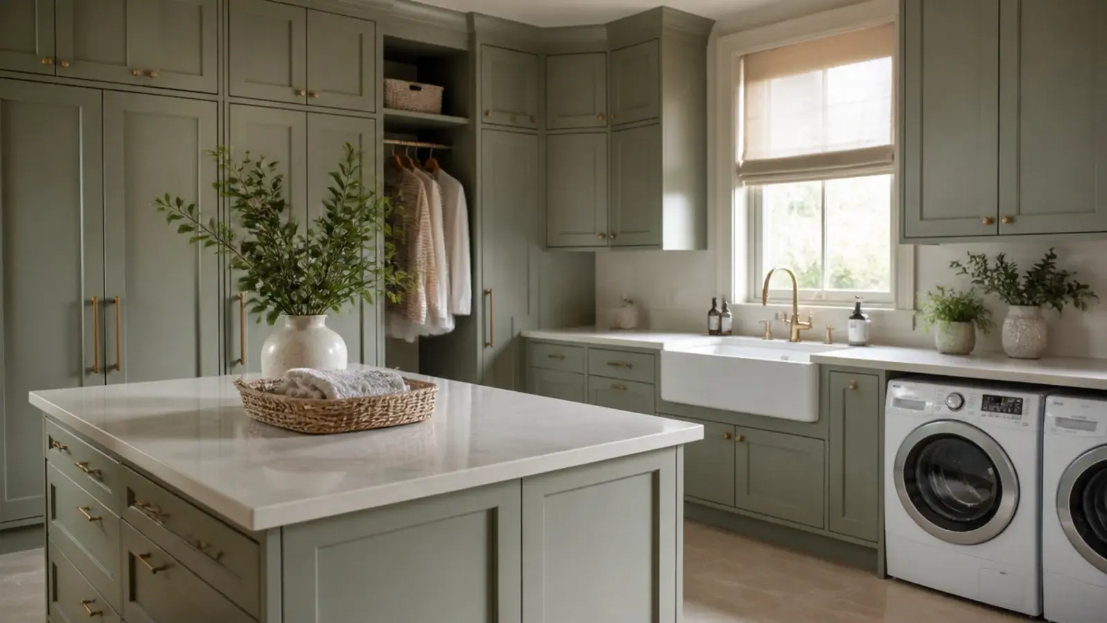 fitted laundry room with tall cabinetry island worktop and integrated machines